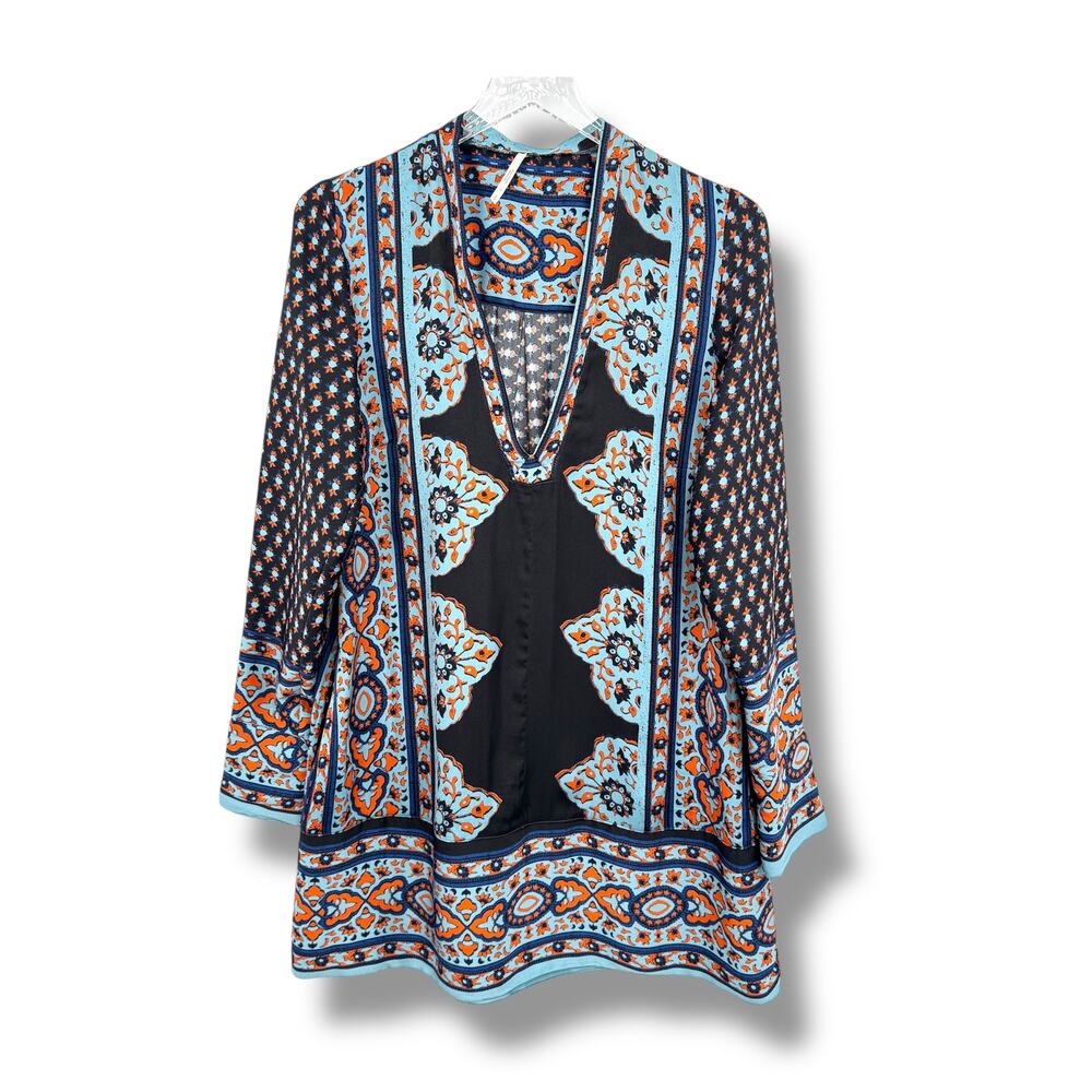 Free People Meadow Mod mini dress small V neck long sleeve boho blue shift